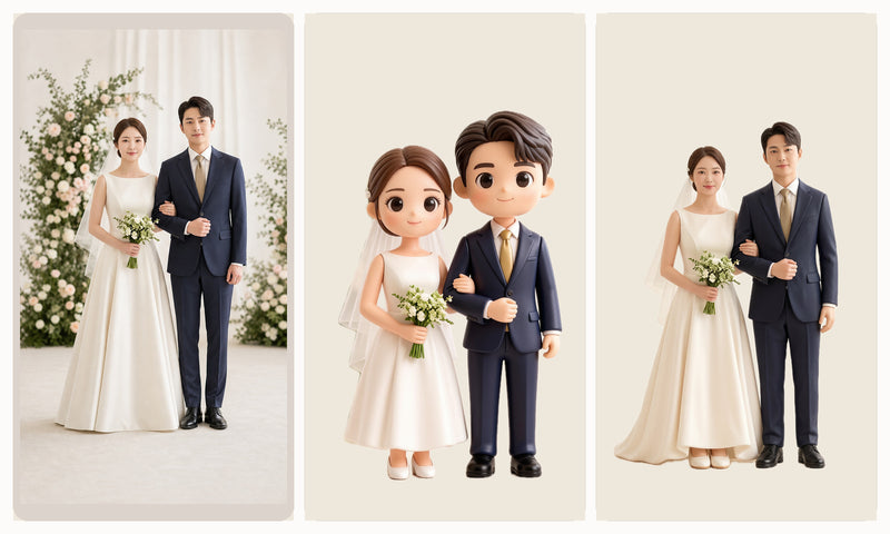 Wedding couple chibi and realistic figurine comparison