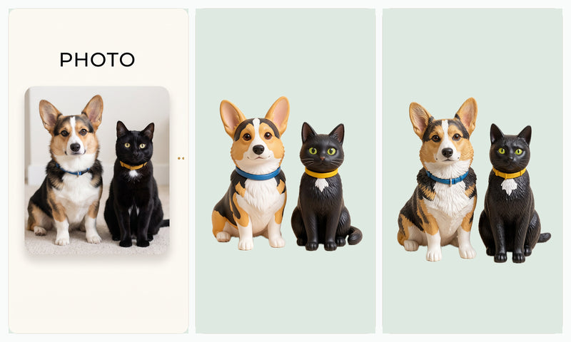 Two-pet portrait chibi and realistic figurine comparison